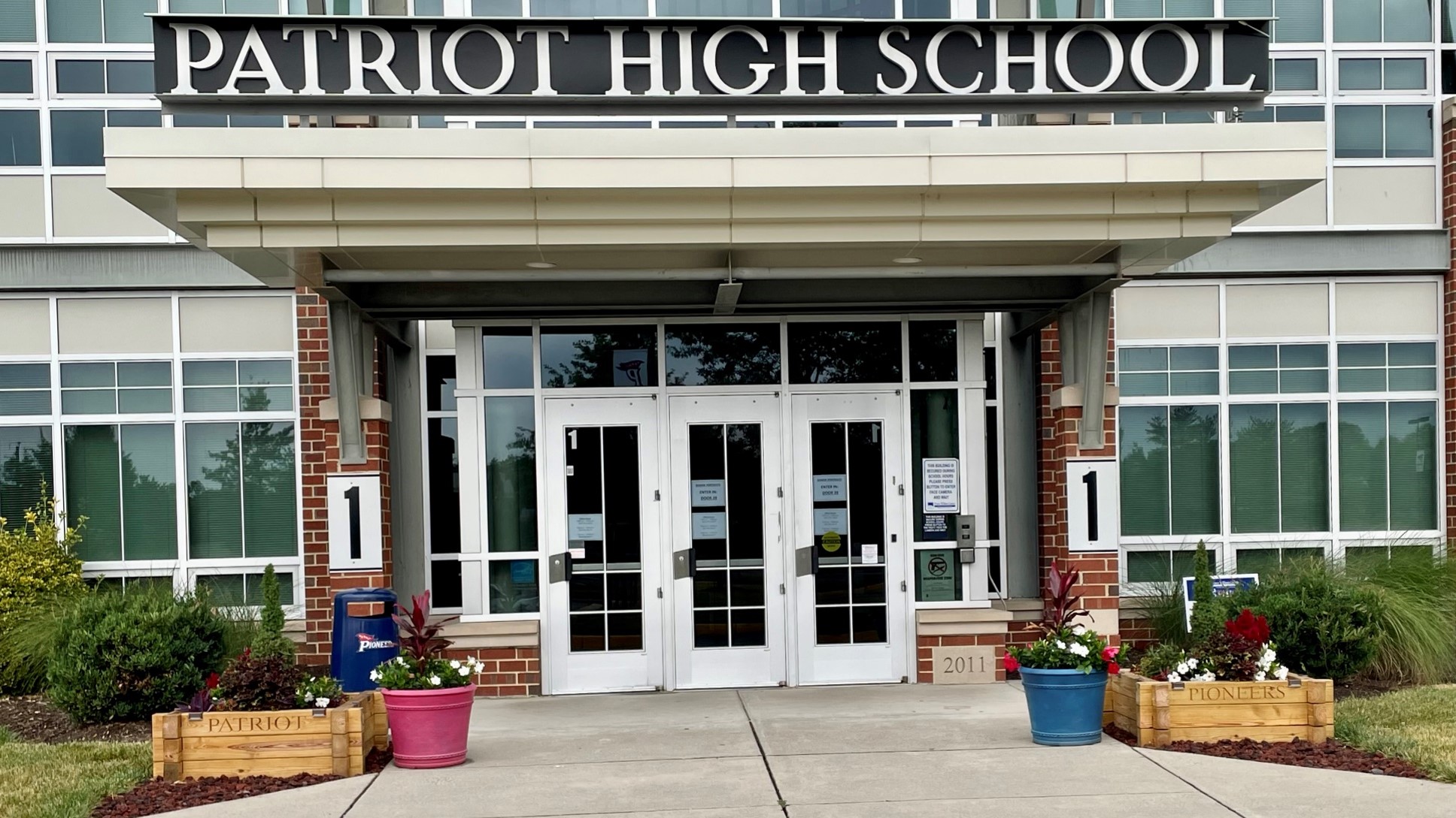 The main entrance of Patriot High School in Nokesville, Virginia