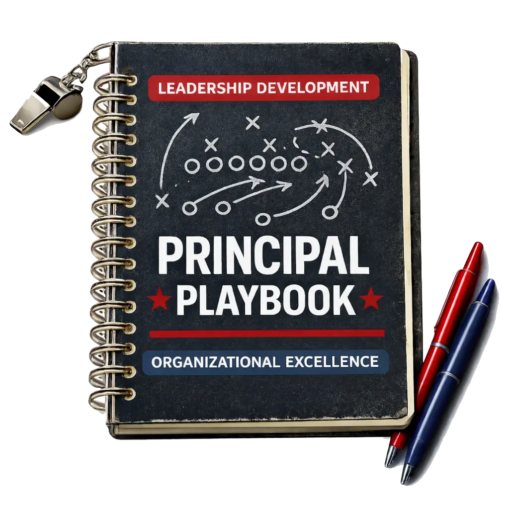 The Principal Playbook field manual, a spiral-bound notebook with a coach's whistle, a play diagram on the cover, and red and blue pens